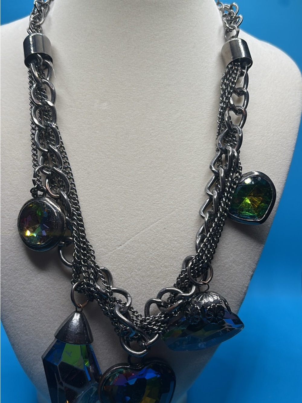 Silver Multi-Strand Necklace with Iridescent Crystal Charms